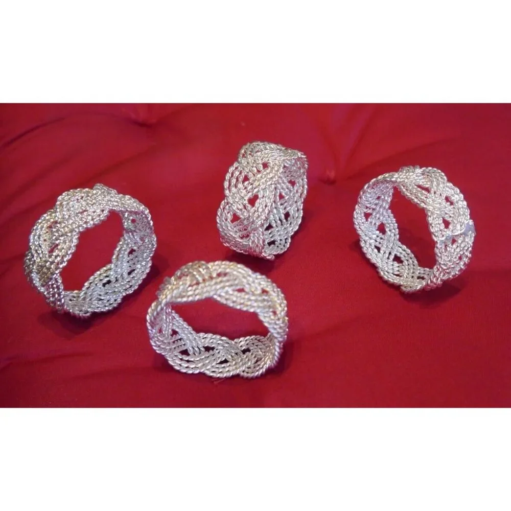 (4) Napkin Rings Nautical Braided Twisted Rope Style Vintage Wire Silver Tone